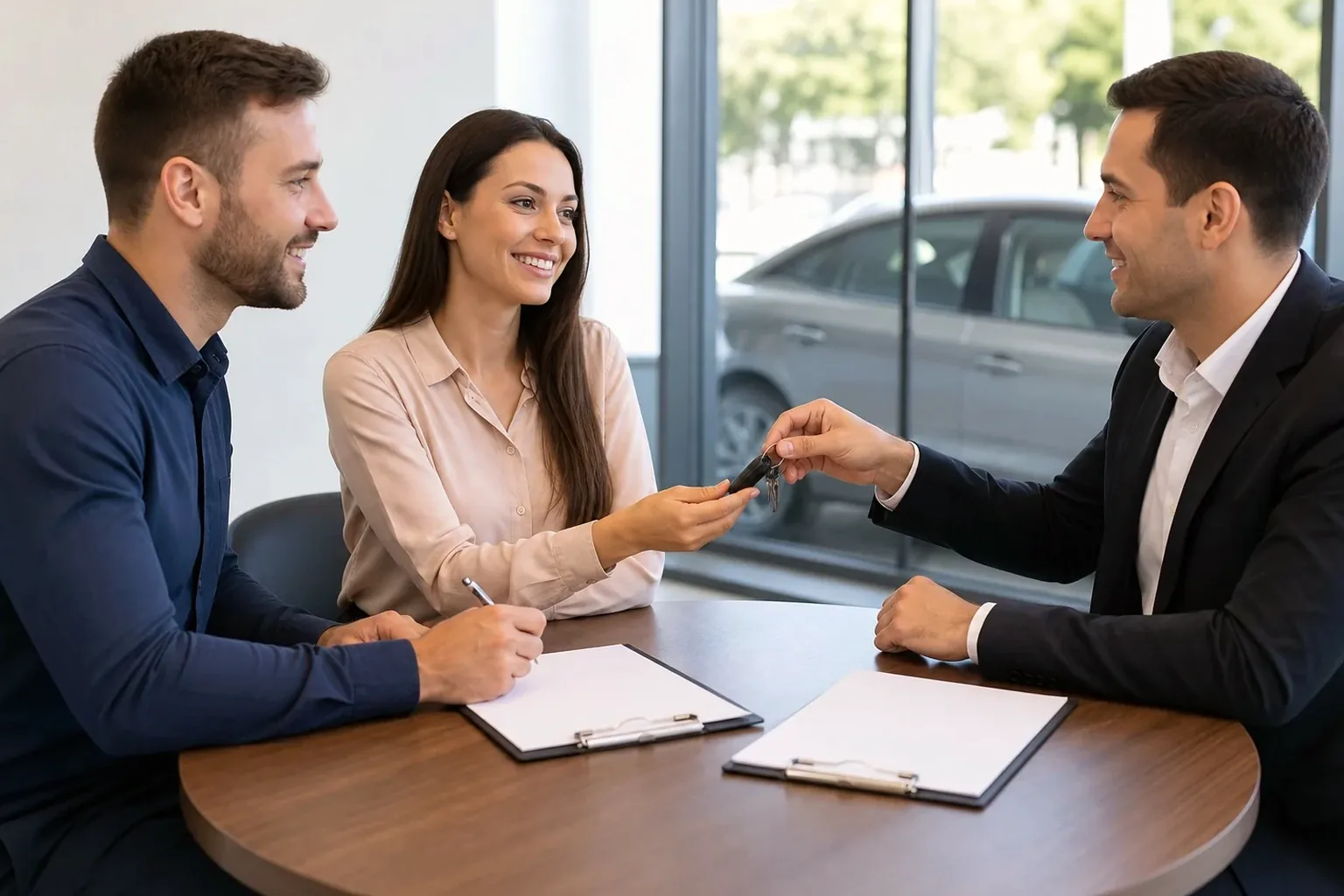 Despachante auxiliando cliente na transferência de veículo.